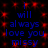 Blue text on black background with red pixelated patterns, repeating 'I will always love you missy' in two