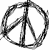 Black-and-white pixelated peace symbol with thick lines forming a circle enclosing two intersecting diagonal bars on white background.