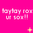 A bright pink background displays repeated text "taytay rox ur sox!!" with yellow plus and star symbols in a pattern, showing animation changes between frames