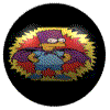 Animated cartoon character with purple hair and blue shirt, surrounded by yellow spiky aura, moving from left to right across black circular background.
