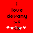 Red background displays black text 'i love devany' with ':->x' emoticon and four white stars, one pink star, and a central pixelated symbol.