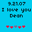 Blue background with black pixelated text reading '9.21.07 I love you Dean' and red/purple pixelated heart symbols below.