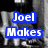 Two side-by-side show a black-and-white image of a person with text overlays; left has blue text "Joel Makes Dance :D" and right has orange text "My Heart iloveyou <3"
