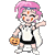 Pixelated character with pink hair and orange face marks holds a pumpkin basket, alternating between waving and touching the head.