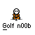 Pixelated orange figure with white head in various poses including golf swing, question mark, and partial motion frames on gray background.