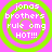 Four identical circular icons with green concentric rings on a pink background, each displaying white pixelated text reading 'jonas brothers rule omg HOT!!!'