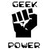 Black and white pixelated icon featuring a raised fist with the words "GEEK" above and "POWER" below, all in blocky text.