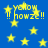 Blue background with yellow stars and repeated yellow text reading 'yellow !! howze !!' in pixelated font.