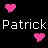 Pixelated text "Patrick Patrick" appears twice on a black background with pink and white heart icons scattered around, all in static display.