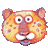 Pixelated cartoon animal head with orange-yellow fur, large white eyes with dark pupils, pink ears, and a wide open mouth showing two teeth.