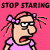 A 10-frame animated contact sheet of a cartoon character with pink hair and purple bows, displaying various facial expressions against a solid pink background with repeated text.