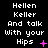 Pixelated text reads 'Hellen Keller And talk With your Hips' with pink symbols changing across frames on a black background.