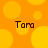 Orange background with yellow circles and four instances of the text 'Tara' in dark brown pixelated font.