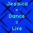 Blue background with black diamond pattern and cyan text reading "Jessica + Dance = Life" repeated in two identical vertical sections