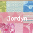 Pixelated pink and blue background with white text 'Jordyn' over floral patterns.