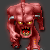 Pixelated red creature with glowing yellow eyes, bared teeth, and metallic horns against dark gray background.