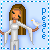 Pixel art of a woman with long brown hair in white clothing holding a white dove, standing against light blue background with vertical 'Peace' text.