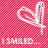 Pixelated pink background with white heart-shaped feather icons and text reading 'I SMILED...', 'HE SMILED', and 'BACK :)' in a