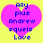 Two identical pixelated heart-shaped icons with blue text on a yellow background, each displaying 'Ally plus Andrew equals Love' in a retro digital style.