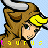 Pixel art contact sheet of a cartoon character in brown bull costume with yellow hair and gray horns, displayed across six frames showing slight pose variations against light blue background.