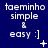 Blue background with white text 'taeminho simple & easy :]' repeated in a , featuring small animated symbols like plus signs and stars