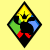 Pixelated diamond-shaped icon with yellow star, green and blue sections, and red bow; animated character with yellow hair, pink nose, and blue outfit appears from right side.