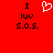 Red background with black text 'I luv s.o.s.' on both sides and a white pixelated heart symbol in the center.