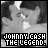 Black-and-white and blue-toned pixelated images of a person with short hair, featuring text reading "JOHNNY CASH THE LEGEND." in different styles.
