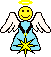 Pixelated angel figure with yellow halo, white wings, blue dress, and star-shaped chest symbol on gray background.