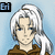 Pixelated character with white hair in a ponytail, brown top, and blue background, showing two sequential poses.