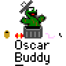 Pixel art contact sheet showing two identical animated frames of a green cartoon character in a trash can with text elements and small icons on gray background.