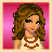 Pixel art of a female character with brown curly hair, green eyes, and a beige top with brown circular patterns, shown in multiple views including full-body and close-ups.