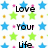 Pixelated text and star shapes in blue, green, pink, and orange on a white background with partial gray overlay.