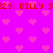 Static pixel art image with bright pink background and repeating light pink heart shapes, featuring red text reading "29: BILLY" in two horizontal bands.