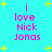 Cyan background with yellow stars and pink text reading "i love Nick Jonas" in two vertical
