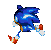 Blue anthropomorphic hedgehog in running motion with white gloves, red shoes, and orange accents on feet.