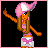 Pixelated character with pink hat and orange limbs in multiple poses, surrounded by repeated 'don't give a fuck' text on black background.