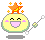 Four pixelated yellow circular characters with pink cheeks and open mouths, each holding a wand-like object with white tips and green-yellow orbs.