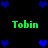Green text 'Tobin' appears in four positions on a black background, surrounded by blue pixelated hearts.