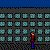 Pixelated animation of a character in red shirt and blue pants walking across a gray building facade with light blue windows, then falling through a broken section.