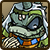 Pixelated character with greenish skin, large eyes, and a white headdress holding a blue object against a checkered background.