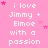 Pink background with repeated white text 'i love Jimmy + Elmo with a passion' and scattered pink stars, one gray rectangle in bottom-right corner.