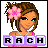Pixel art contact sheet of a female character with brown hair and pink flower accessory, displayed across 9 frames showing subtle facial expression changes beneath the text "RACH" on purple blocks.