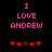 Pixelated pink text "I LOVE ANDREW" on black background with red heart symbols below, two variations of heart arrangement visible.
