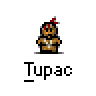 A 4x4 contact sheet of pixel art frames featuring a cartoon Tupac Shakur character with red bandana, showing various poses and text bubbles like "WESTSIDE!" and "BADBOY" across different animation states.
