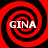 Four identical red and black spiral patterns arranged in a , each containing the text GINA in white capital letters