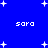 Blue background with white pixelated stars and four instances of the text 'sara' in a retro font.