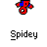 Animated contact sheet showing six frames of a pixelated Spider-Man icon with motion effects and repeated text labels below each frame.
