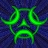 Green pixelated symbol on blue background with four arms extending from central square, forming a cross-like shape.