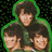Three figures with dark hair in a green-hooded garment against a pixelated black background.